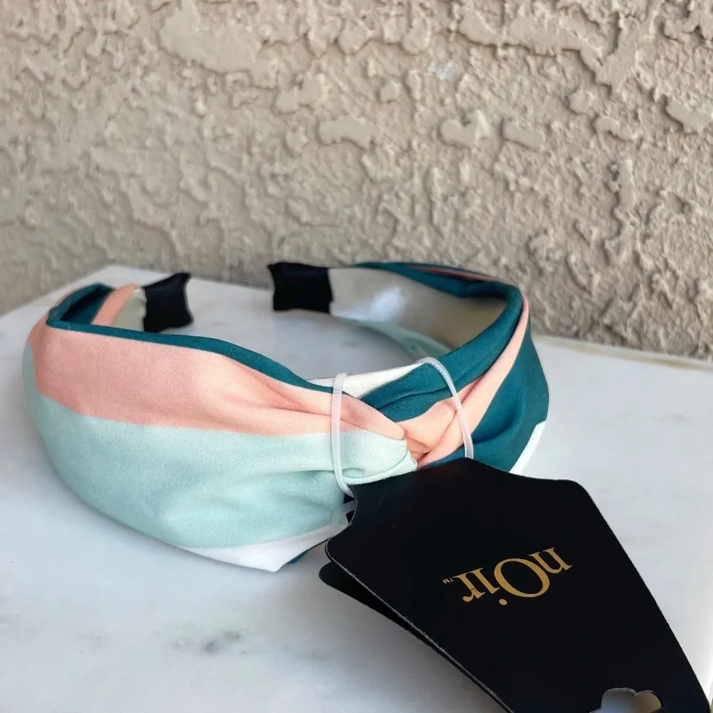 NOIR NWT Teal, Turquoise Green, Aqua & Peach Striped Satin Twist Knot Headband - Picture 6 of 6